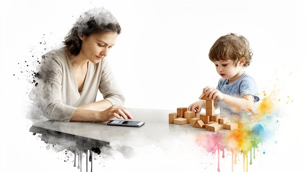 A mother looks at her phone while her child plays with colorful blocks.