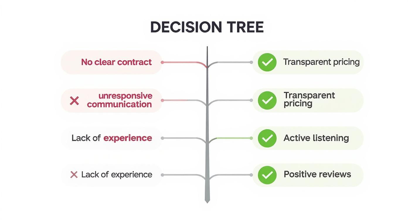 Decision tree diagram showing criteria for choosing family law attorney with problems versus positive solutions