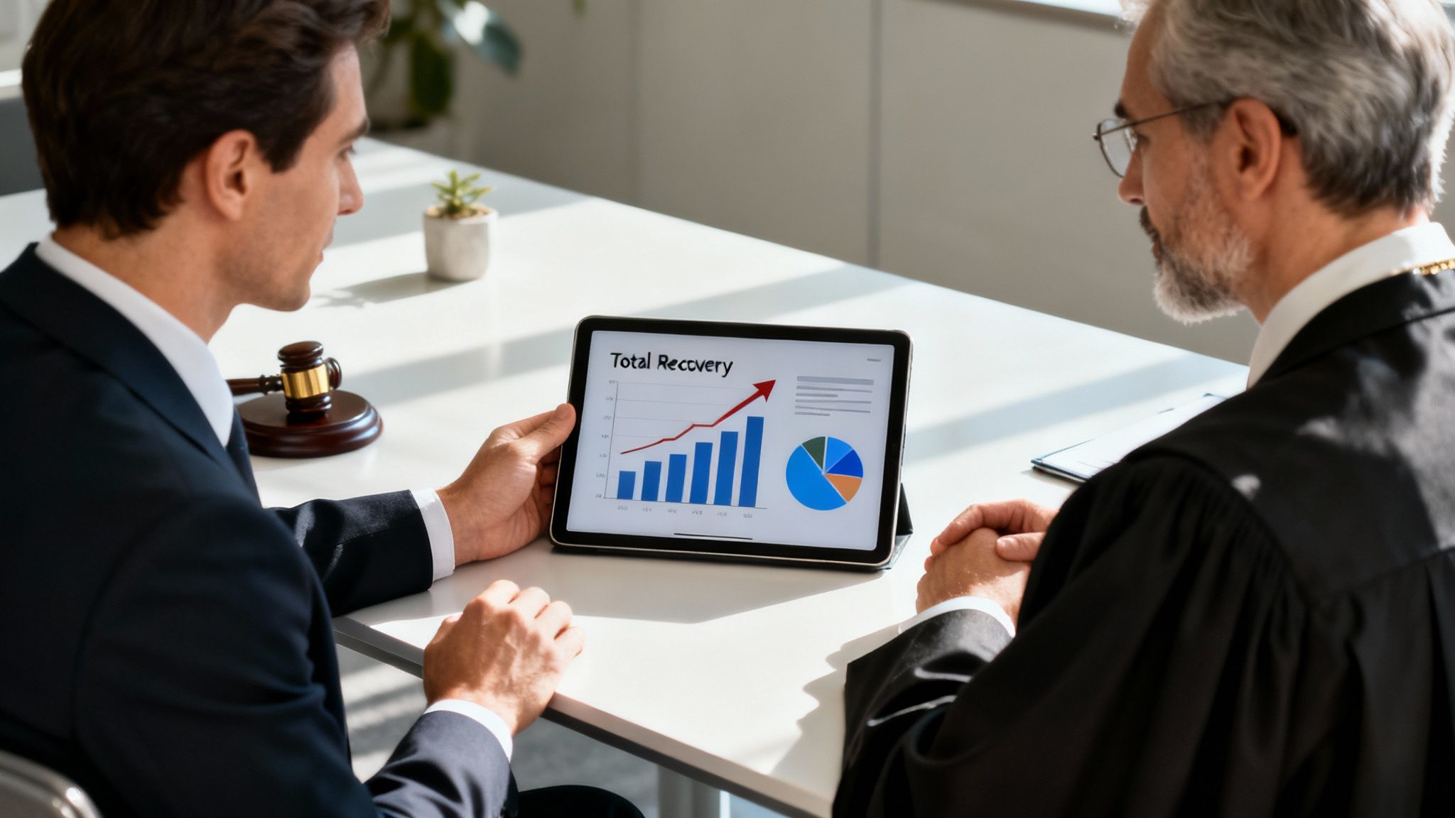 A lawyer shows financial recovery data on a tablet to a judge, with a gavel on the table.