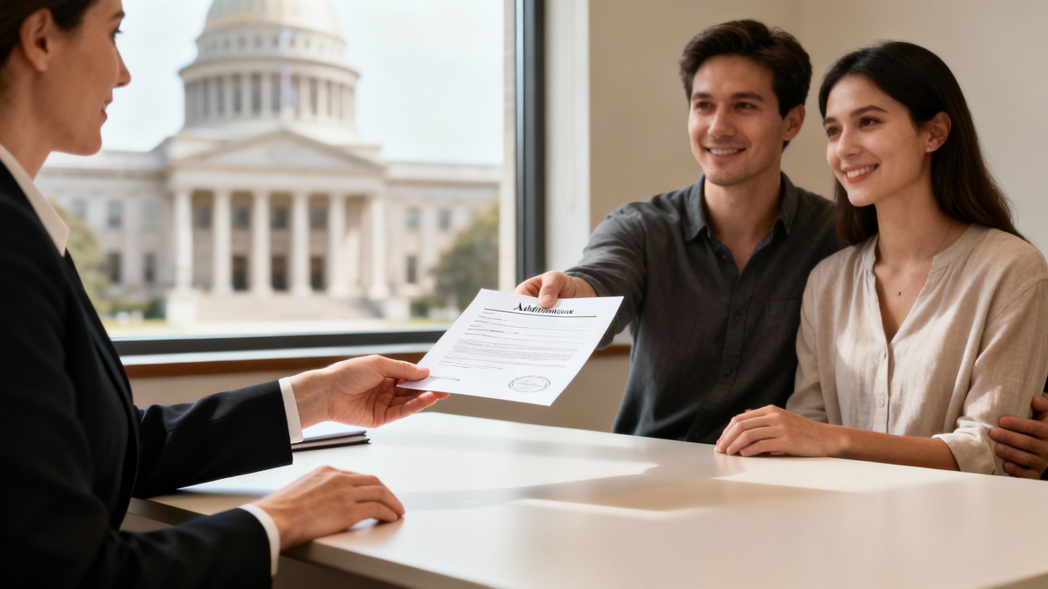 A smiling couple receives an adoption document from a professional in an office, with a capitol building outside.