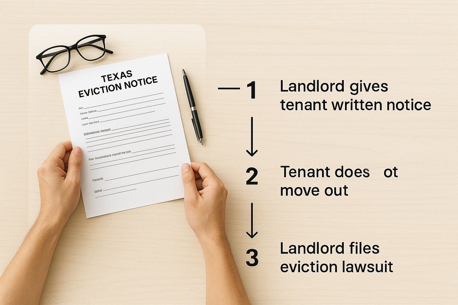 Texas eviction notice document with steps outlining landlord's eviction process, emphasizing tenant rights and legal actions.