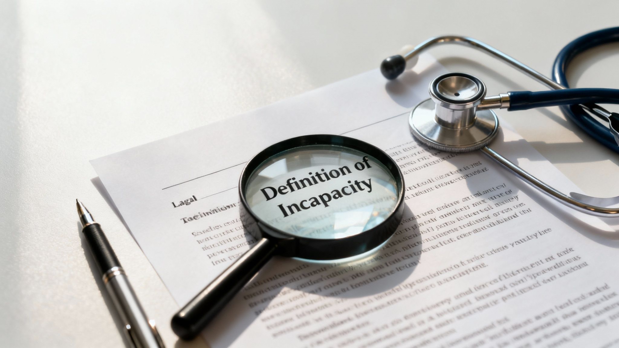 Magnifying glass on a document defining 'Definition of Incapacity', with a stethoscope and pen.