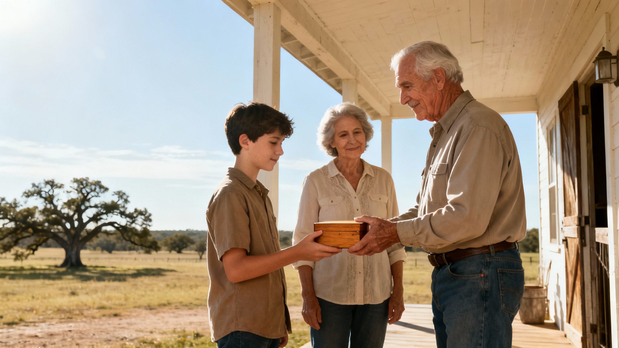 Family members exchanging a wooden bowl on a porch, symbolizing generational gifting and legacy in Texas estate planning.