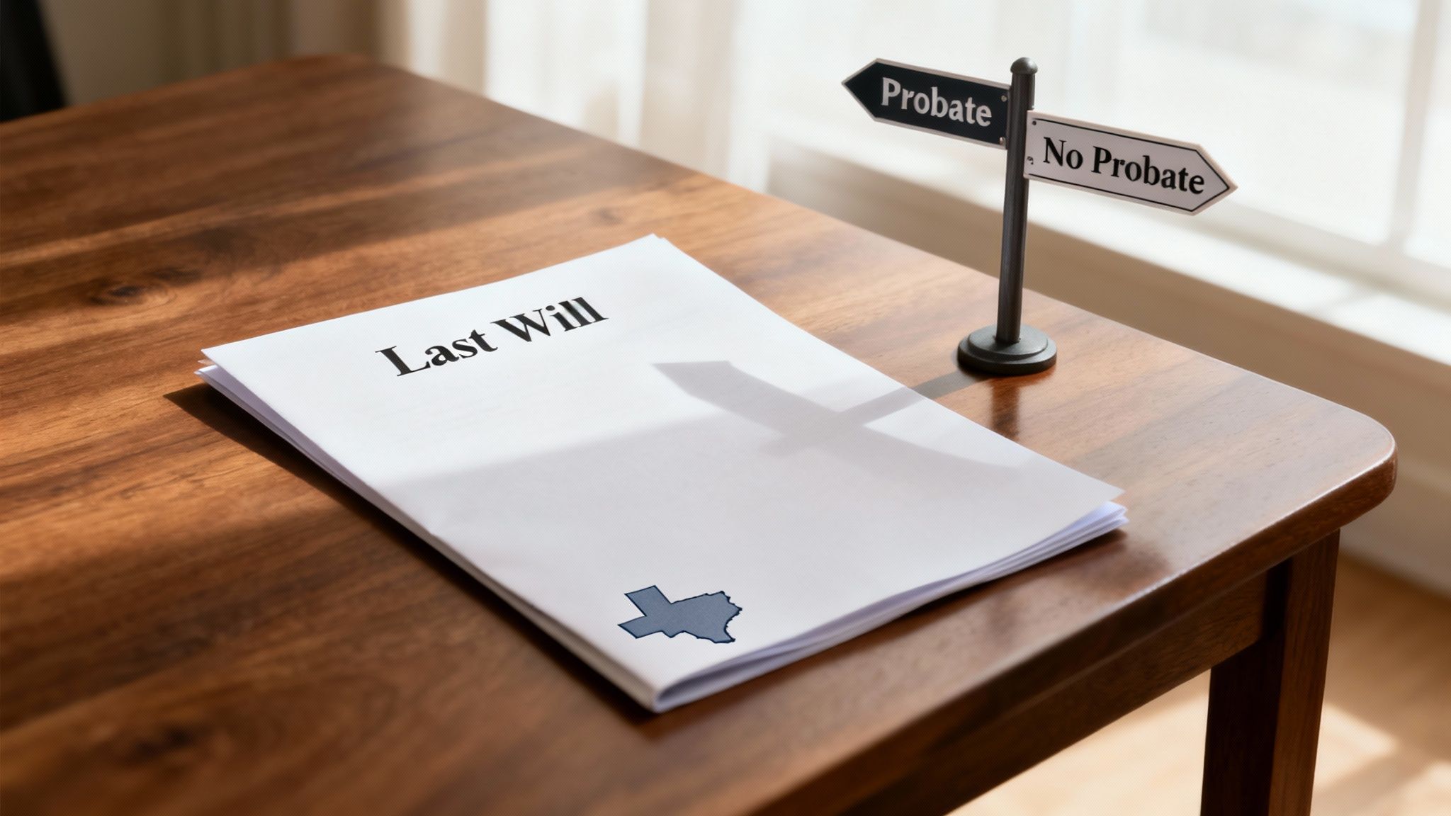 Last will document on wooden table with Texas outline, accompanied by directional signs indicating "Probate" and "No Probate," reflecting estate planning and probate process in Texas.