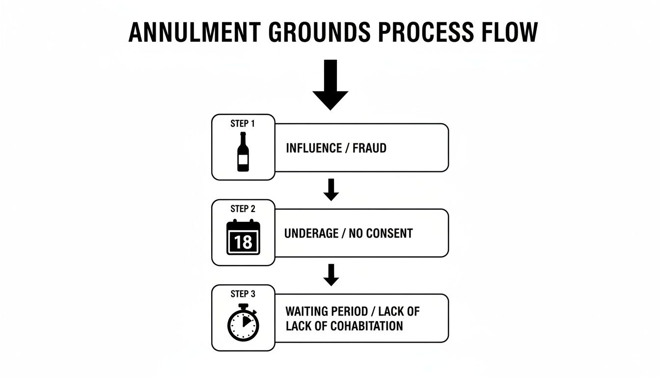 A process flow diagram illustrating three steps for annulment grounds: influence/fraud, underage/no consent, and waiting period/lack of cohabitation.