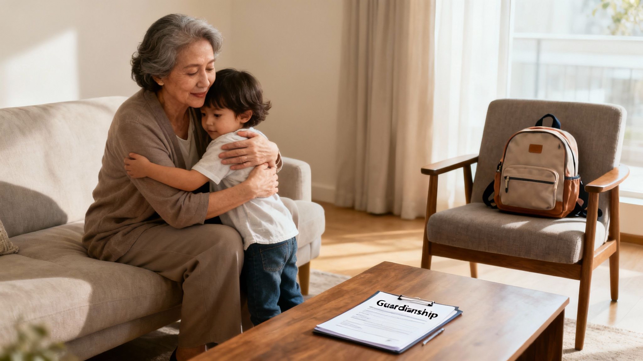Grandmother hugging child in a cozy living room, with a guardianship document on the table, symbolizing family bonds and legal guardianship in Texas foster care.