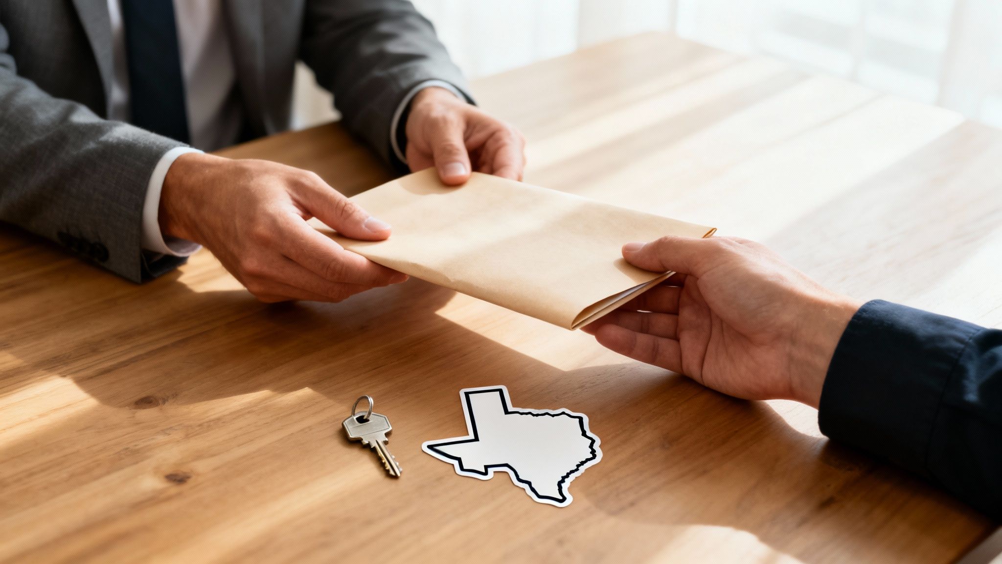 Two hands exchange a brown envelope on a wooden table with a key and Texas map cutout.