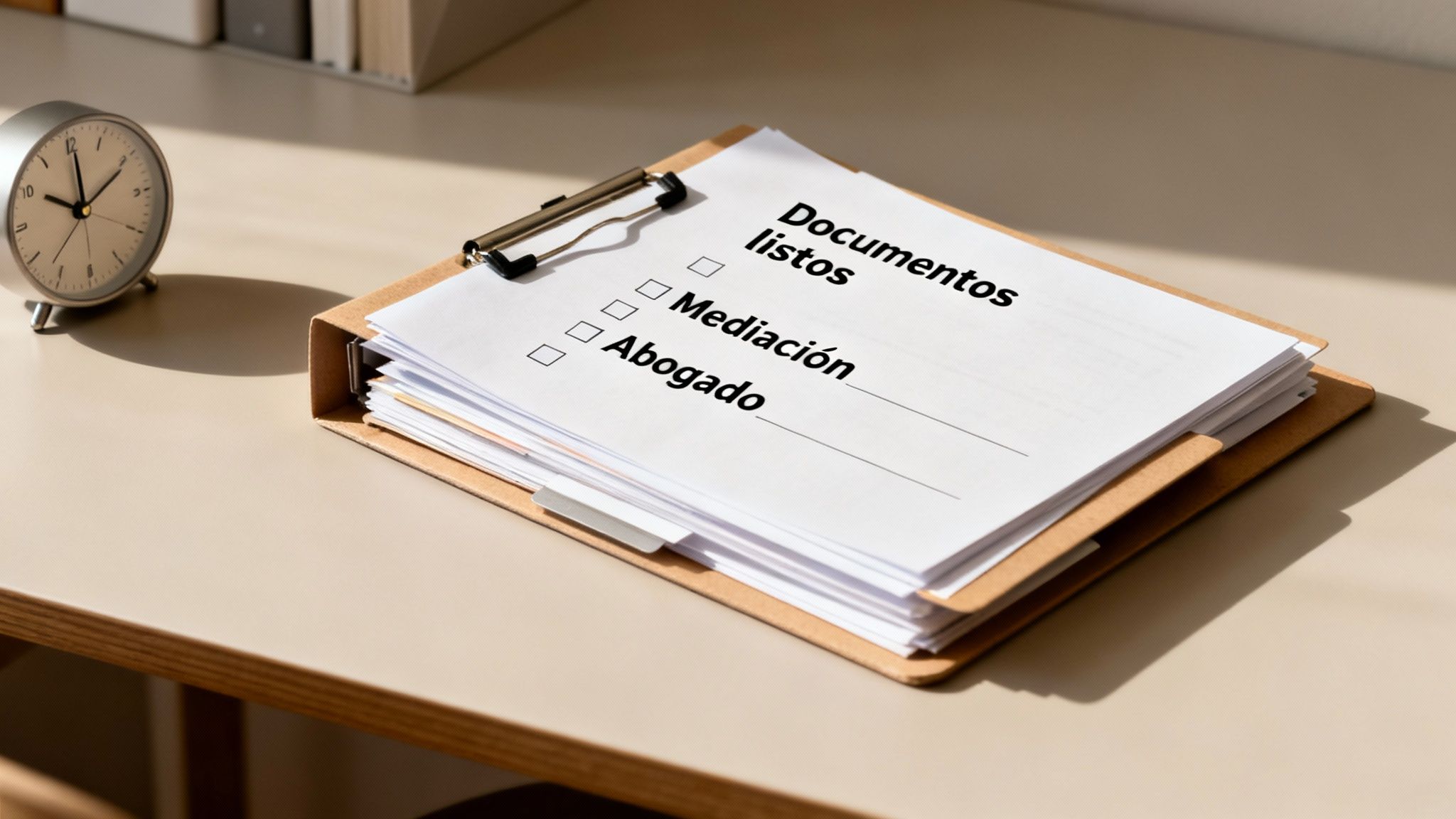 Una lista de verificación en español con "Documentos listos", "Mediación" y "Abogado" en un portapapeles sobre un escritorio.