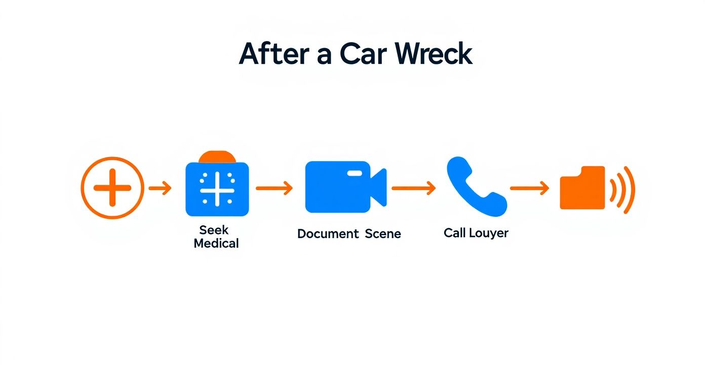 Infographic showing the process after a car wreck: Seek Medical, Document Scene, Call Lawyer.