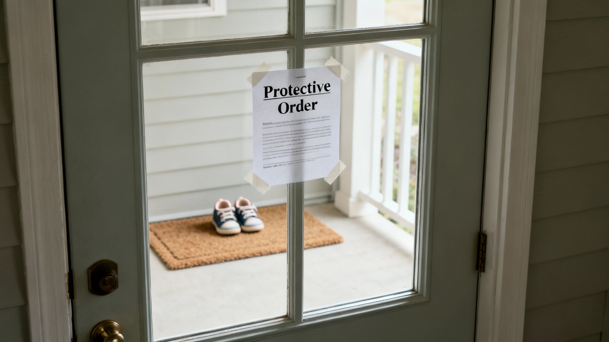 A 'Protective Order' document is taped to a glass door, with a pair of child's shoes on a mat outside.