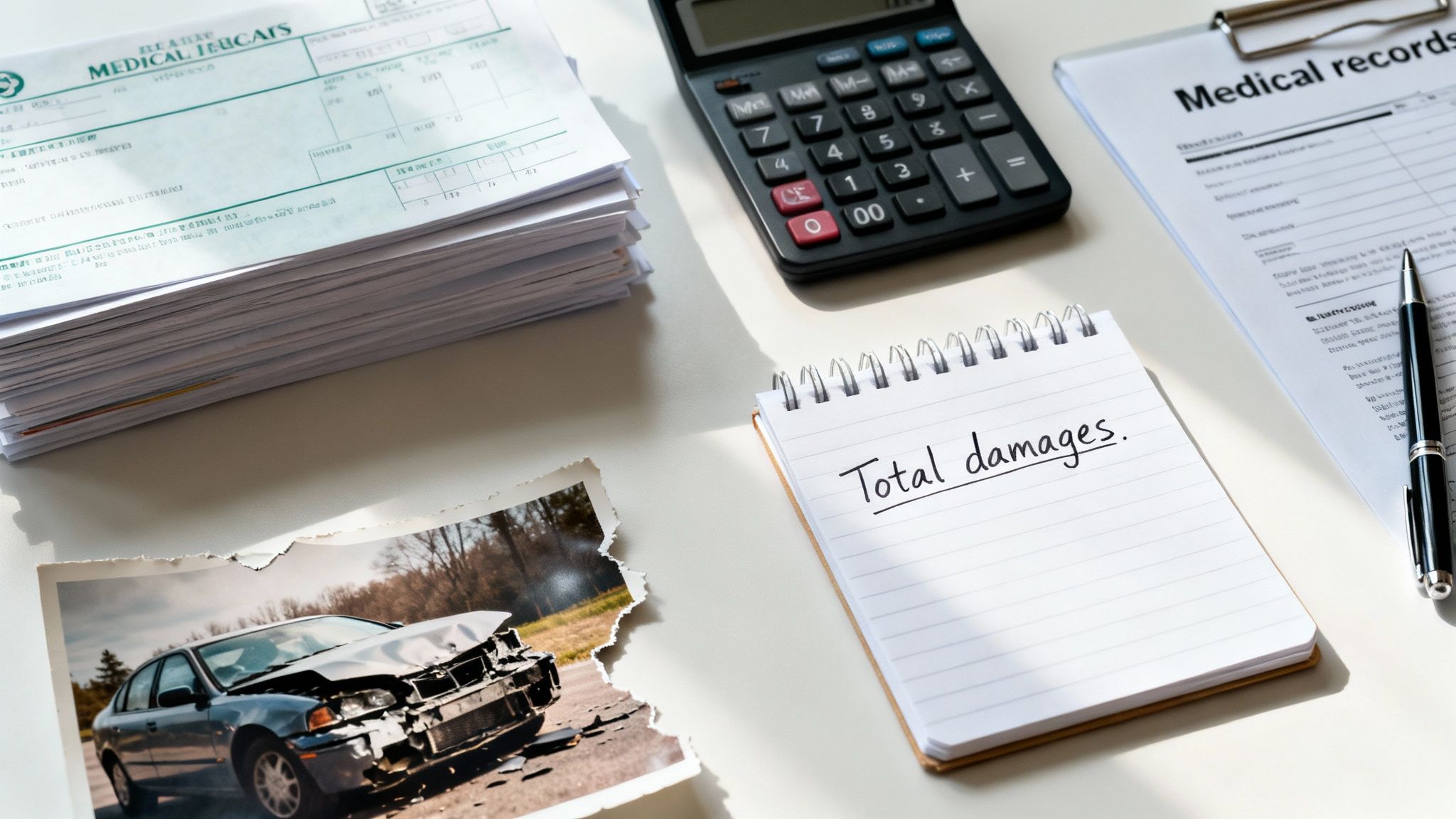 Desk with car crash photo, medical records, calculator, pen, and 'Total damages' notepad.