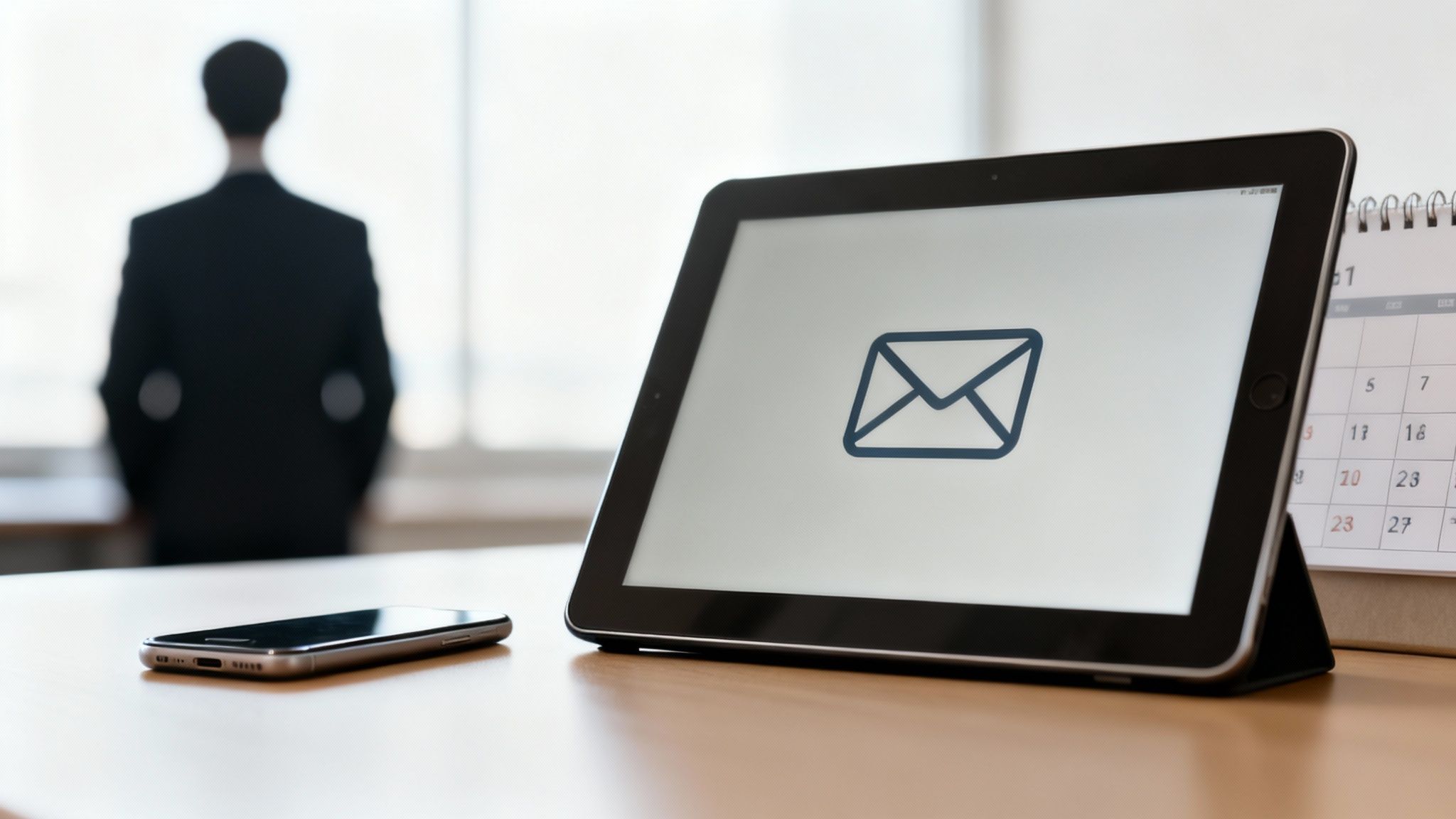 A blurred person in a suit stands behind a desk with a tablet displaying an email icon and a smartphone.
