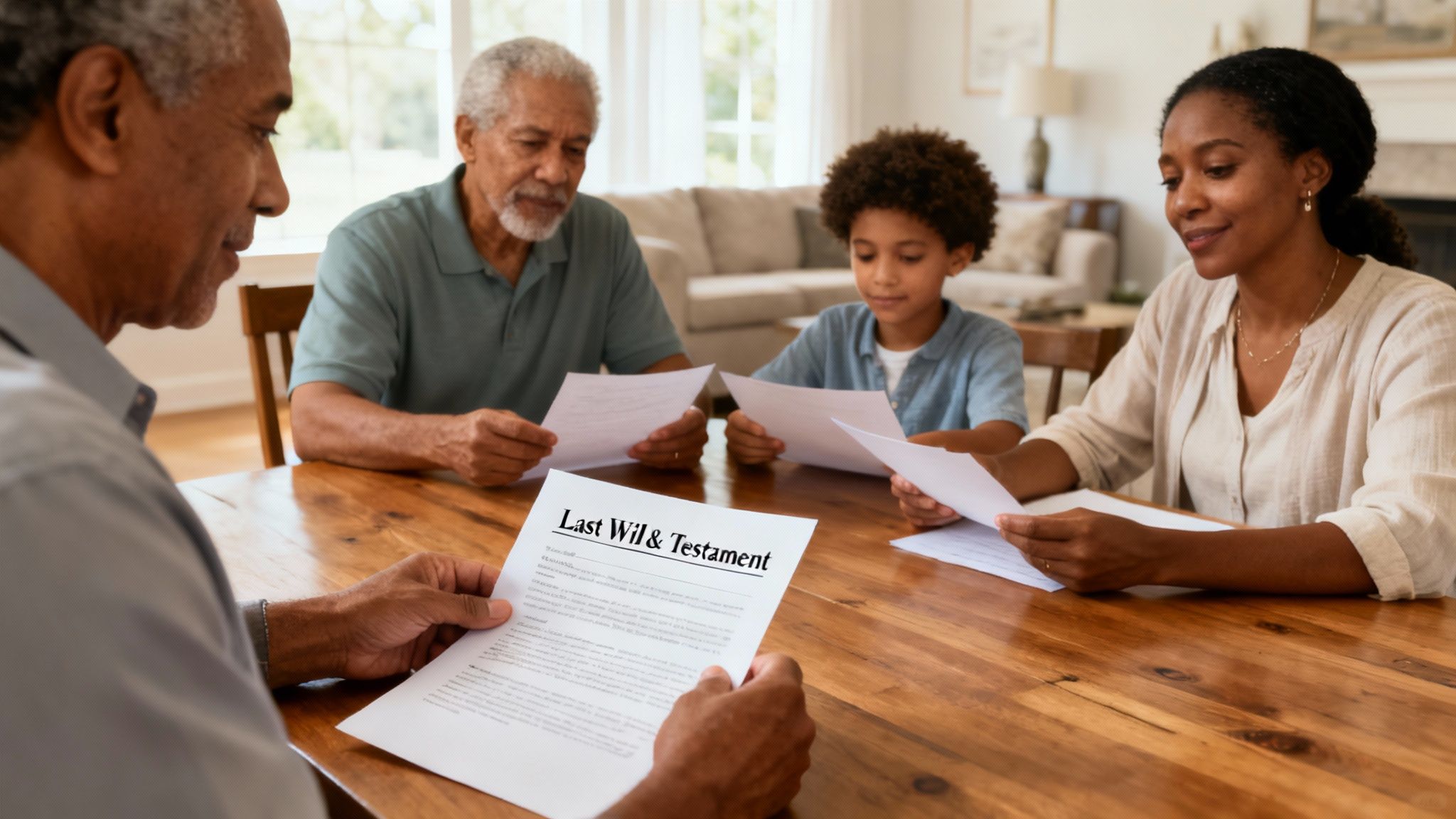 Family discussing a last will and testament at a table, emphasizing the importance of estate planning and preparing for the future in Texas.