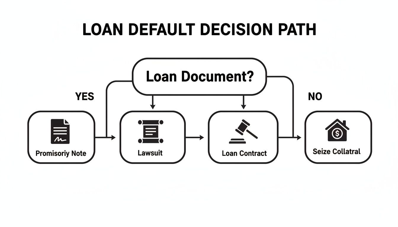 Flowchart illustrating the loan default decision path, showing steps like promissory note, lawsuit, loan contract, or seizing collateral.