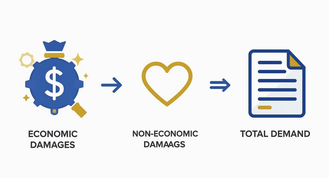 Infographic showing economic damages (money bag), plus non-economic damages (heart), resulting in total demand (document).