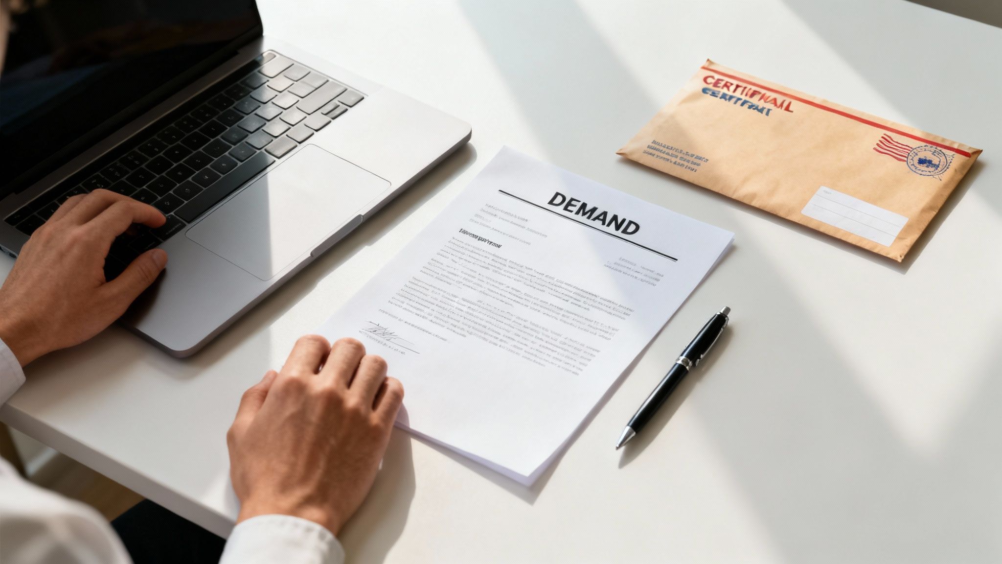 A person drafting a demand letter to an insurance adjuster, with documents and a calculator on the desk.