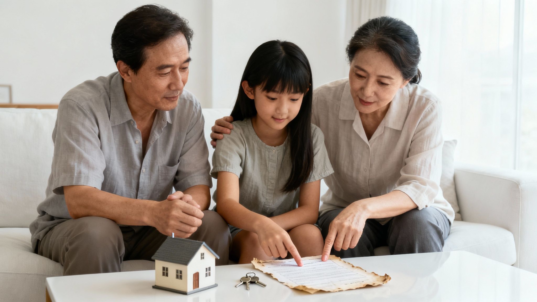 Family discussing property transfer using an affidavit of heirship, with a document and a model house on the table, highlighting the importance of legal guidance in Texas.