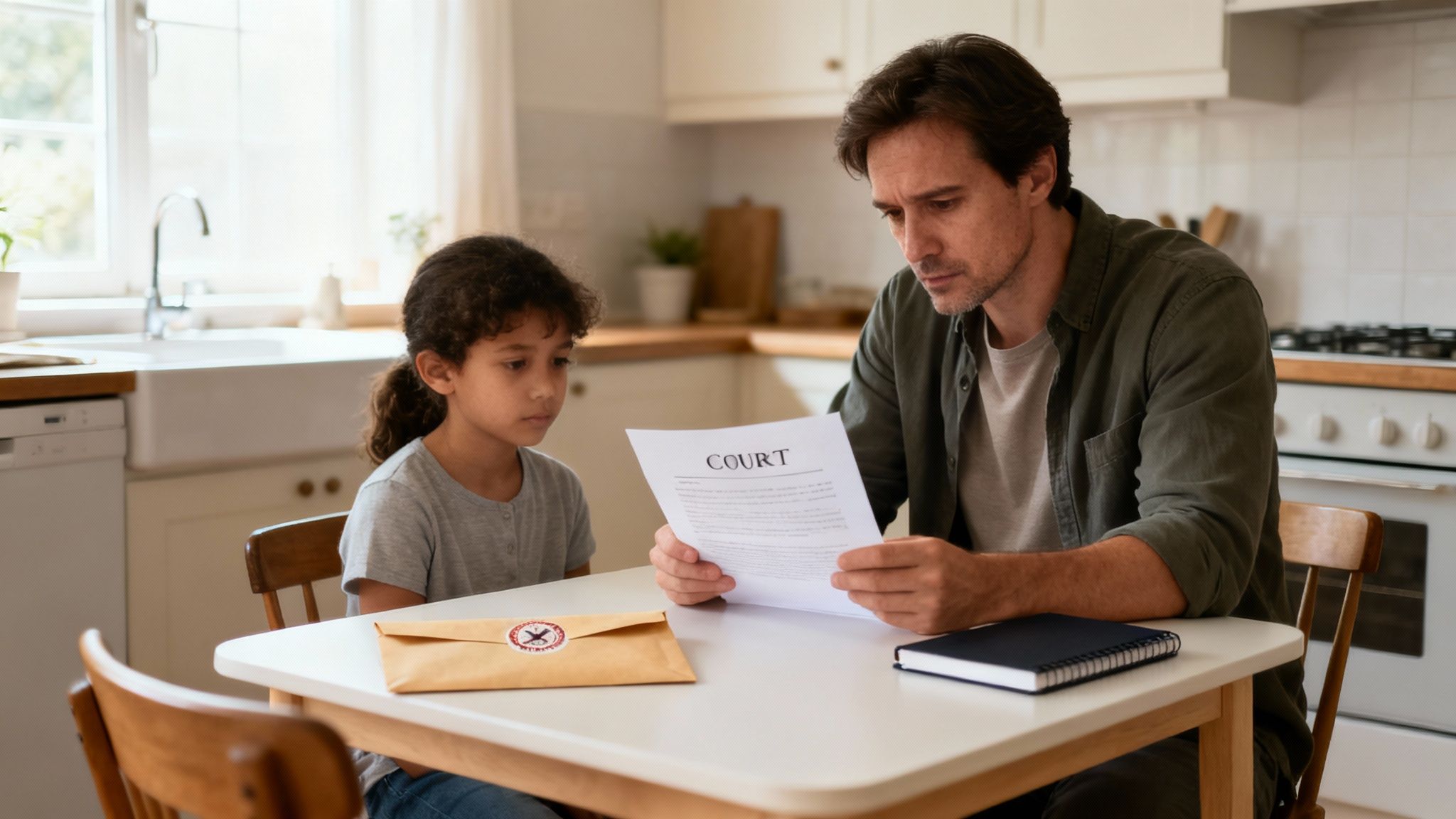A father and his young daughter review court documents in their home kitchen.
