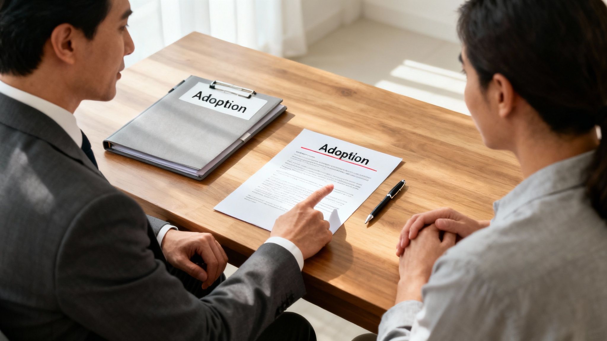 A hopeful couple sits on a couch, reviewing paperwork and smiling, feeling confident about their adoption plan.
