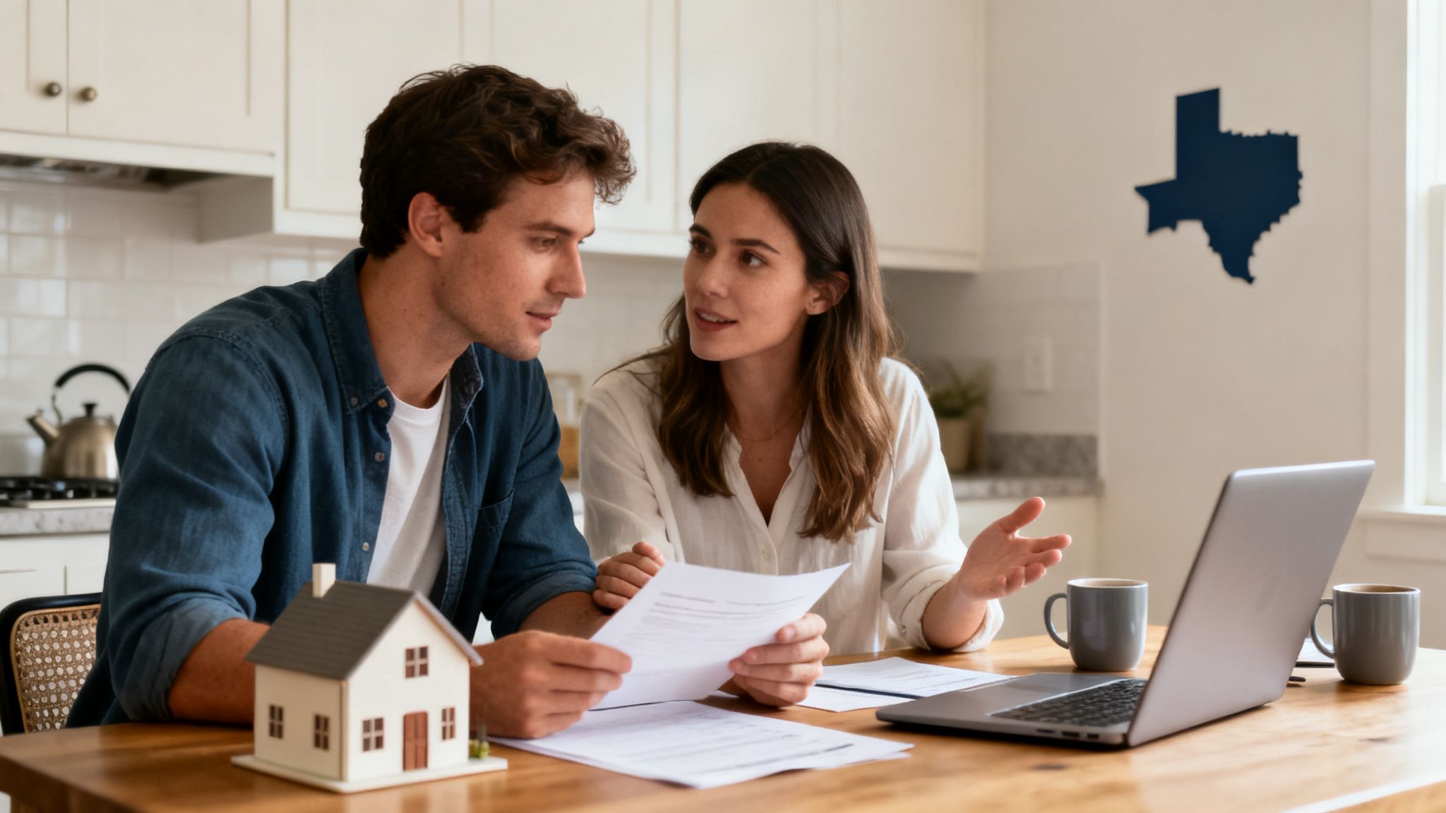 A couple sits at a kitchen table, reviewing papers with a model house and laptop.