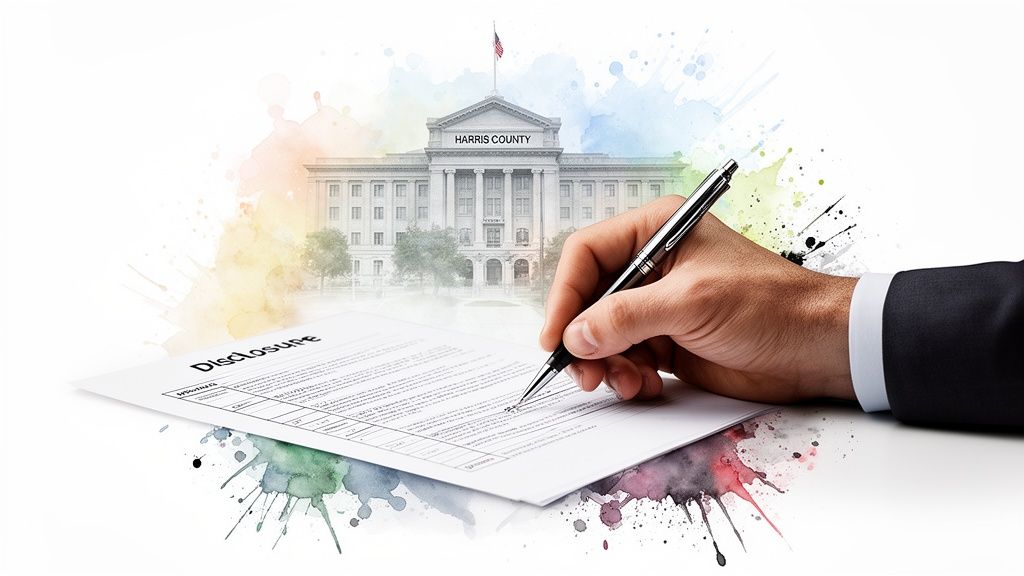 Hand signing a financial disclosure document with "Harris County" courthouse in the background, symbolizing legal agreements in prenuptial and postnuptial contexts.