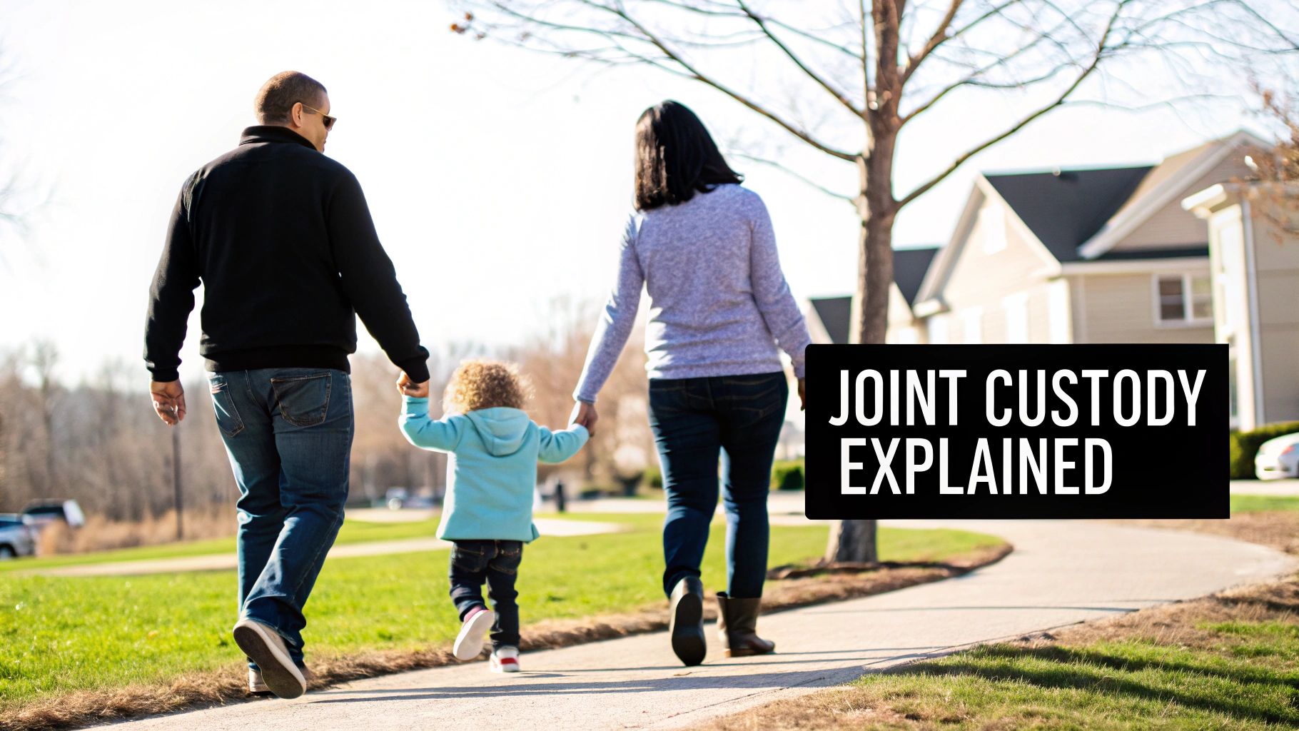 A family, father, mother, and child, walk hand-in-hand on a path, representing joint custody.