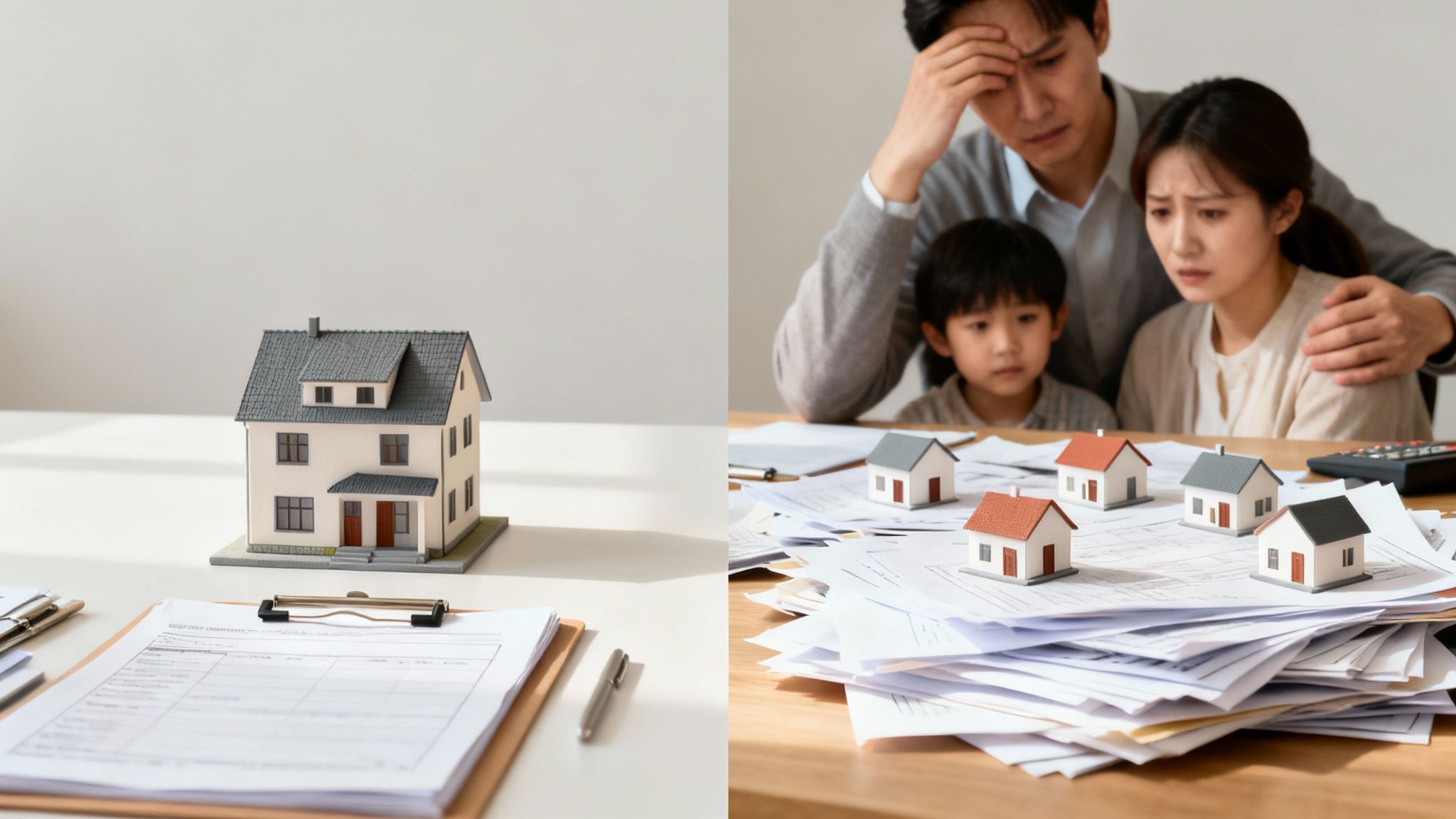 Split image contrasting a house model with a stressed family facing many house models and financial documents.