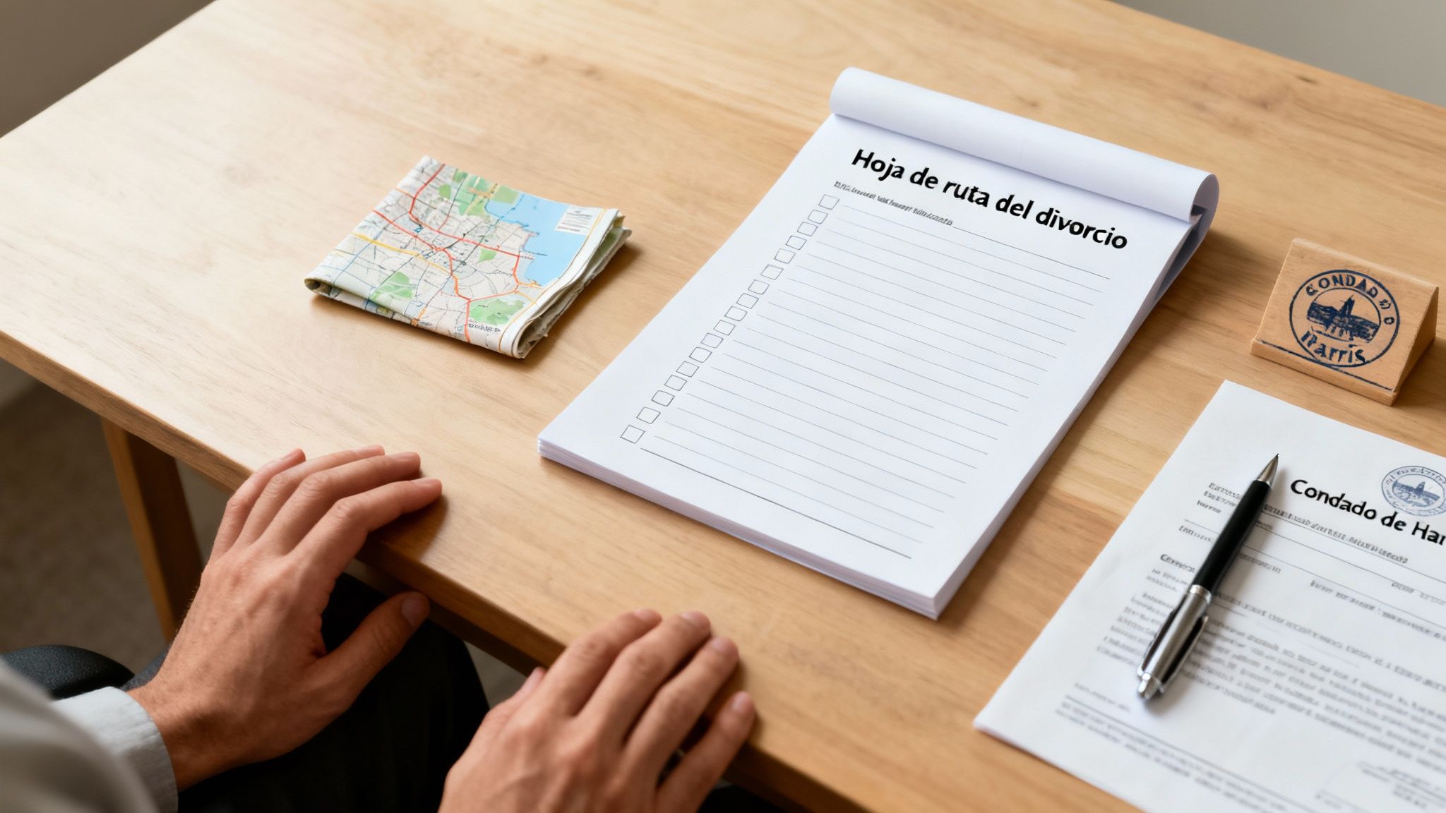 Manos sobre escritorio de madera, cuaderno 'Hoja de ruta del divorcio', mapa y documentos del Condado de Harris.