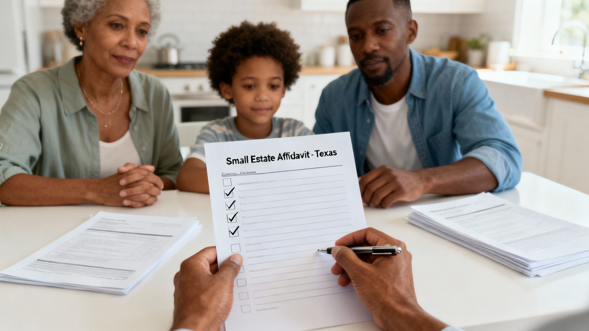 A family sitting at a table with a lawyer, reviewing legal documents.