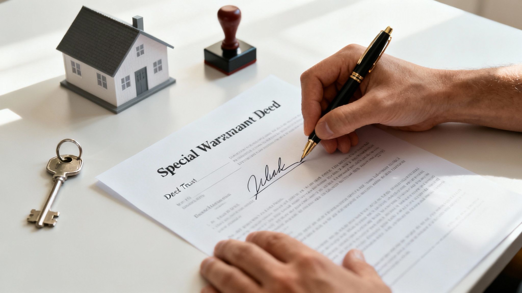 Person signing special warranty deed document for property transfer with house model and keys