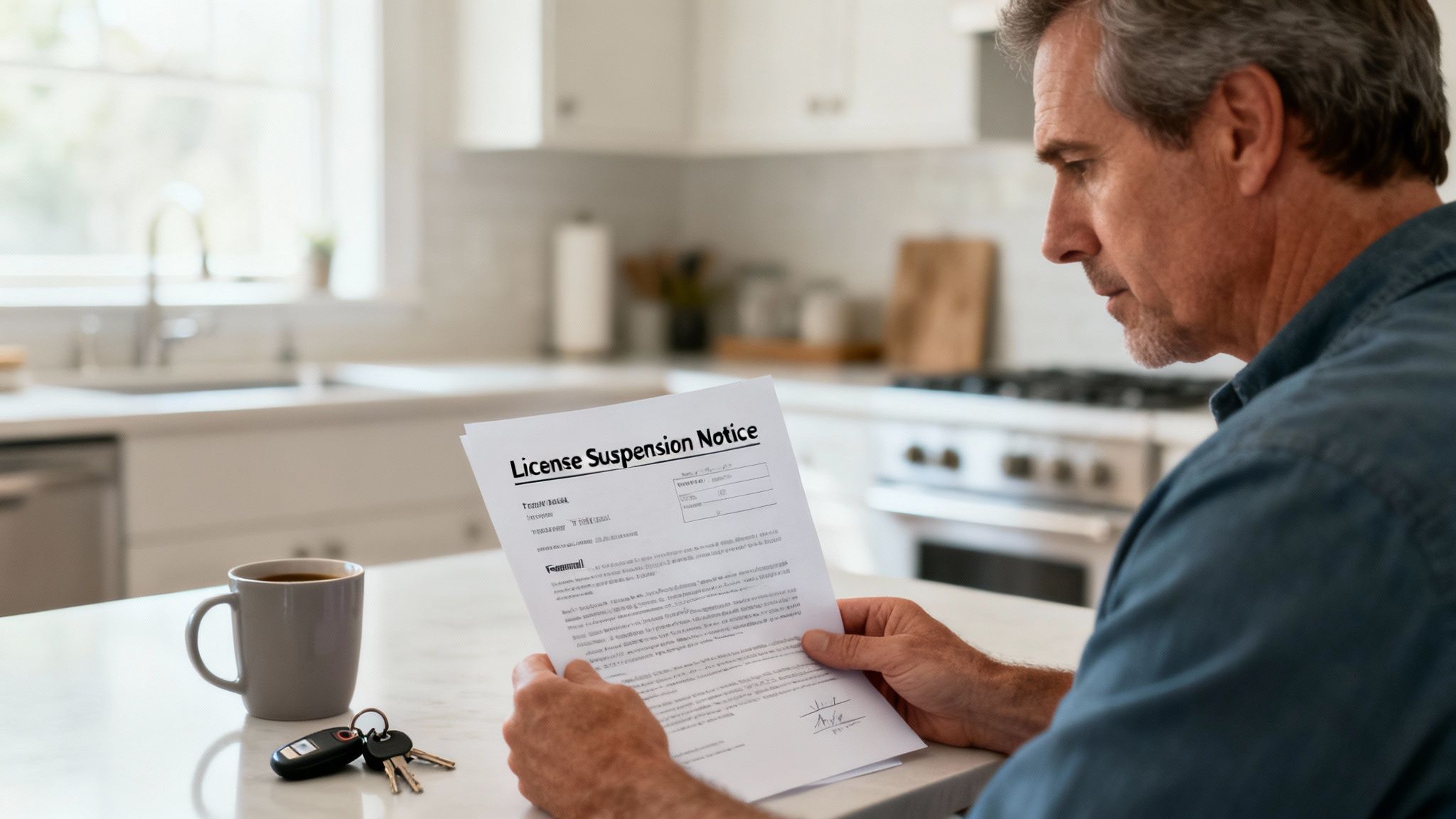 A concerned man reads a 'License Suspension Notice' at his kitchen counter, with car keys nearby.