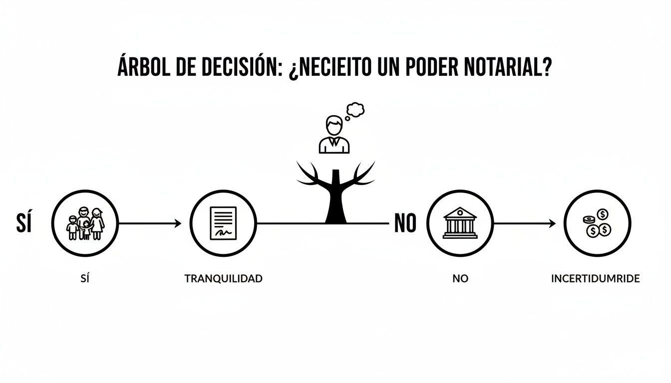 Diagrama de árbol de decisión: ¿Necesito un poder notarial? Ilustra consecuencias de sí (tranquilidad familiar) o no (incertidumbre).