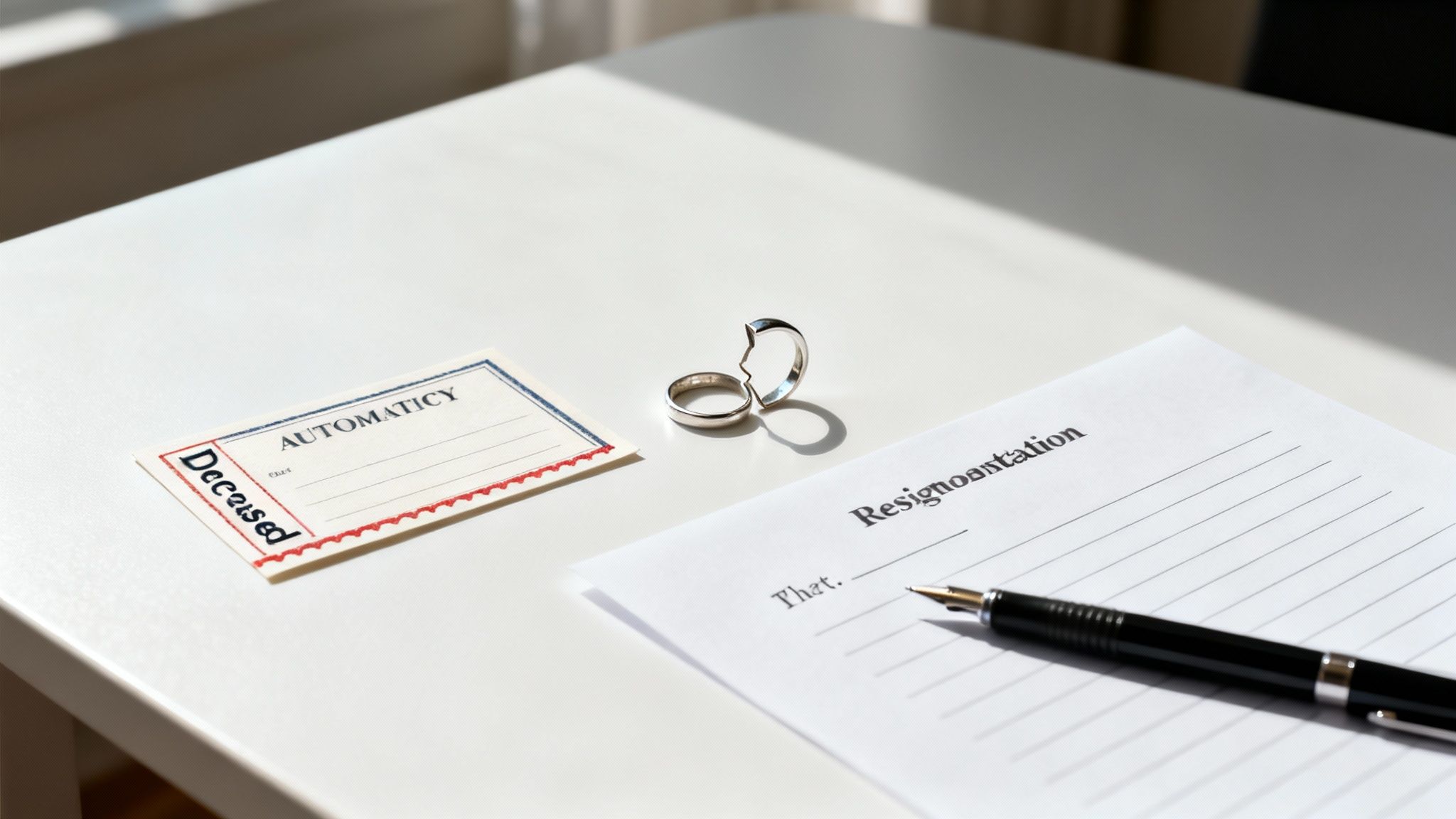 Broken wedding rings, a pen, and documents on a white table, symbolizing divorce or ending.