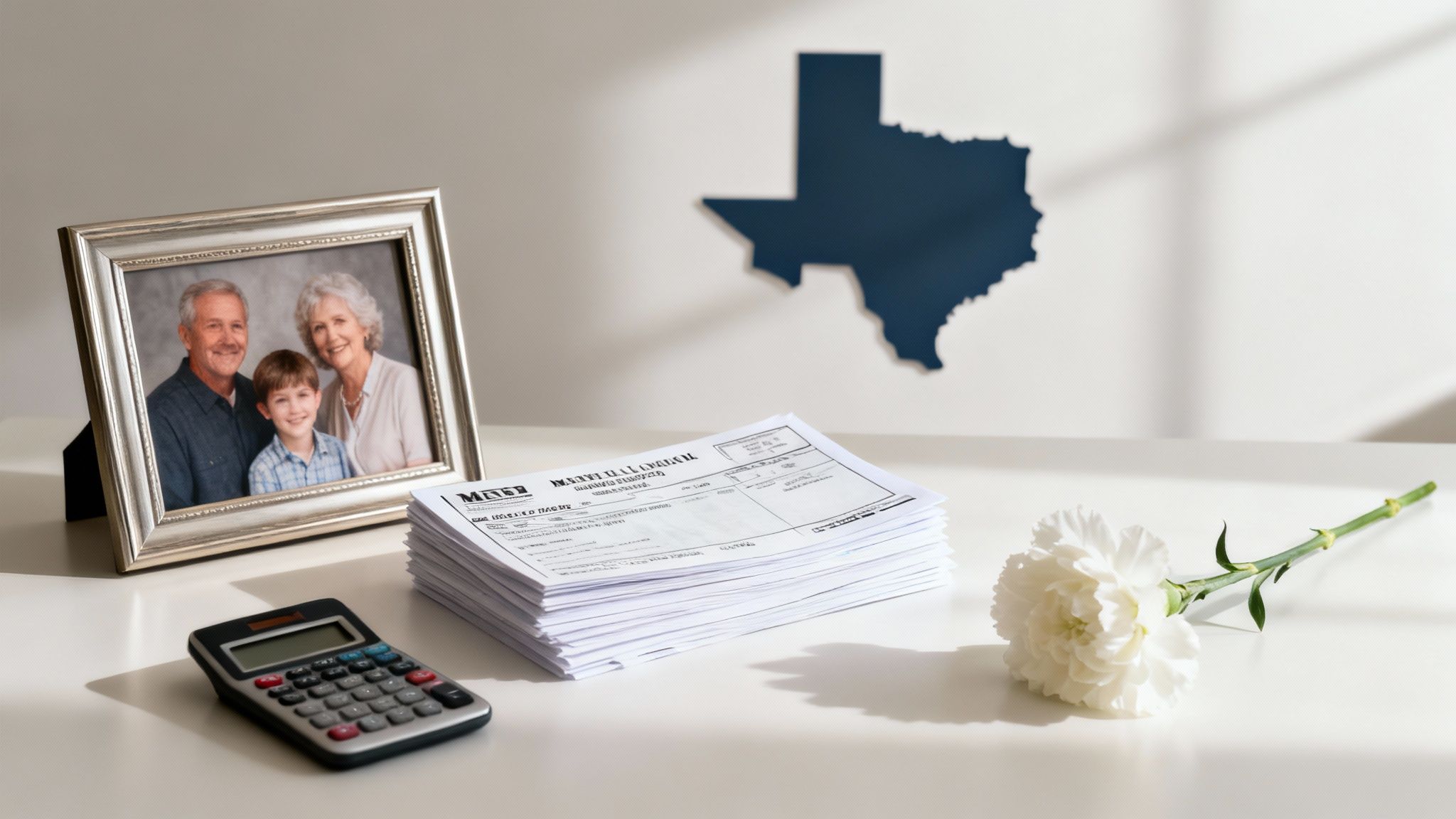 Desk with family photo, legal documents, calculator, white flower, and Texas map.