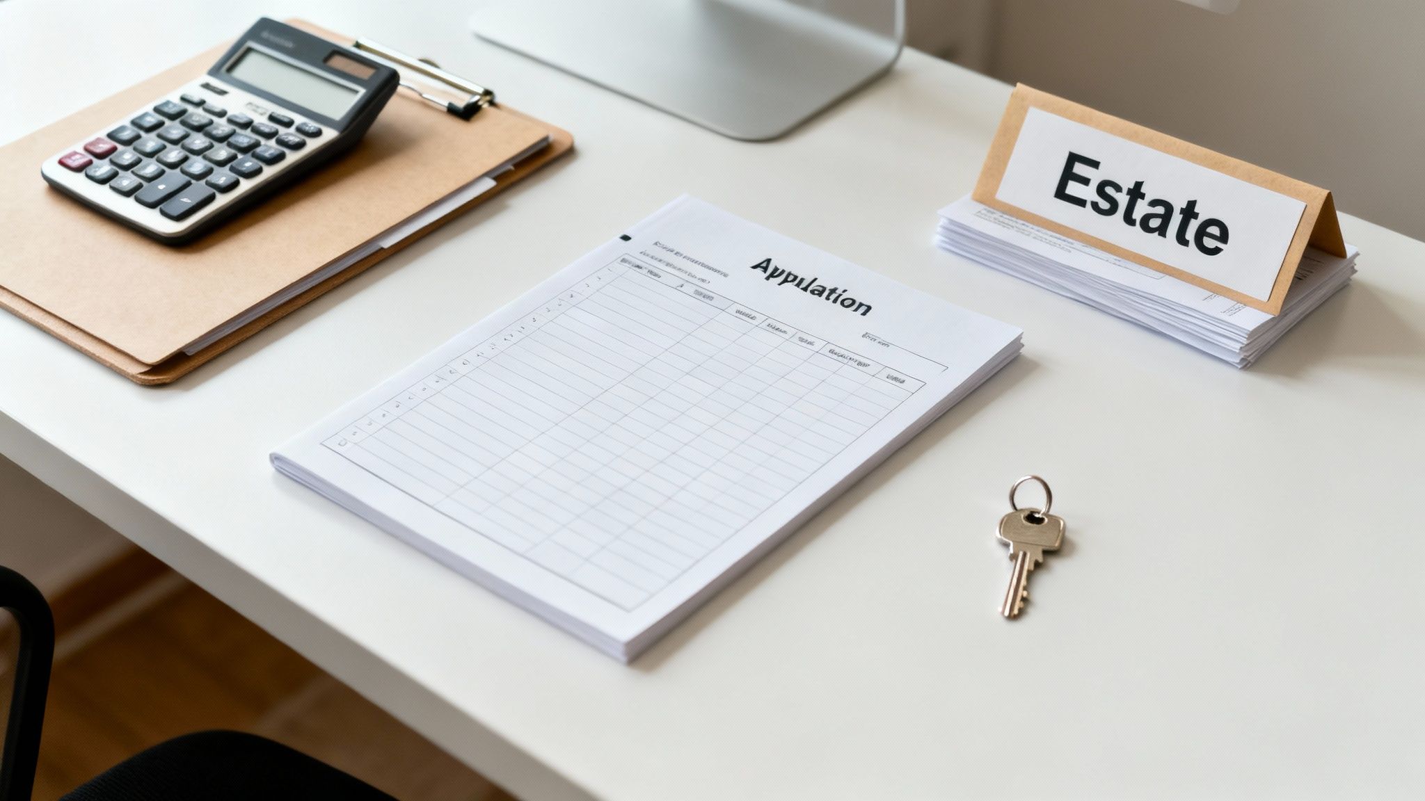 A table with a calculator, pen, and financial documents, representing estate management.