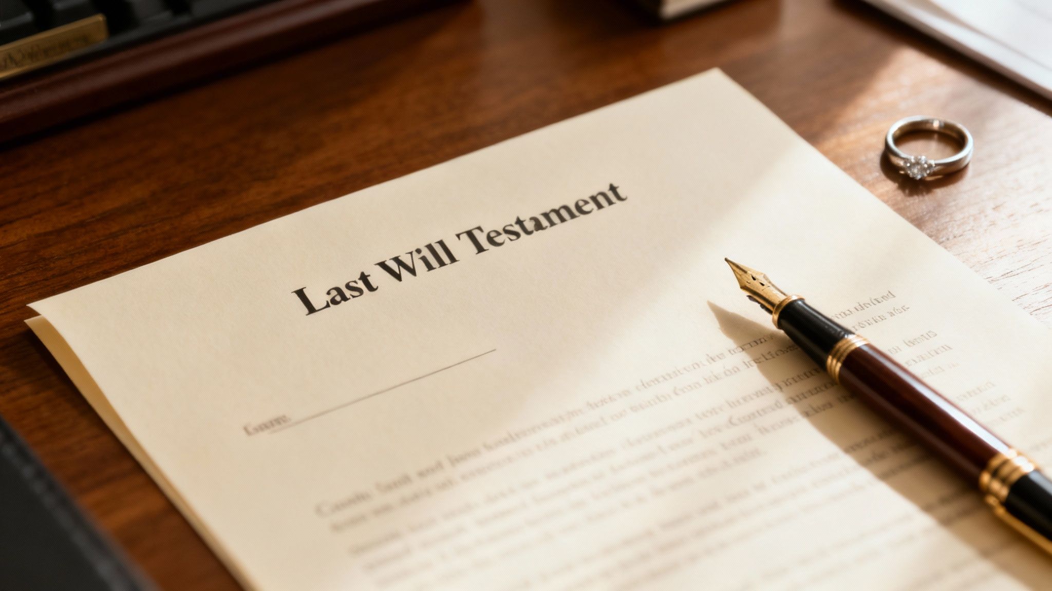 Last Will and Testament document on a wooden desk with a fountain pen and a ring, symbolizing essential estate planning for Texas families.