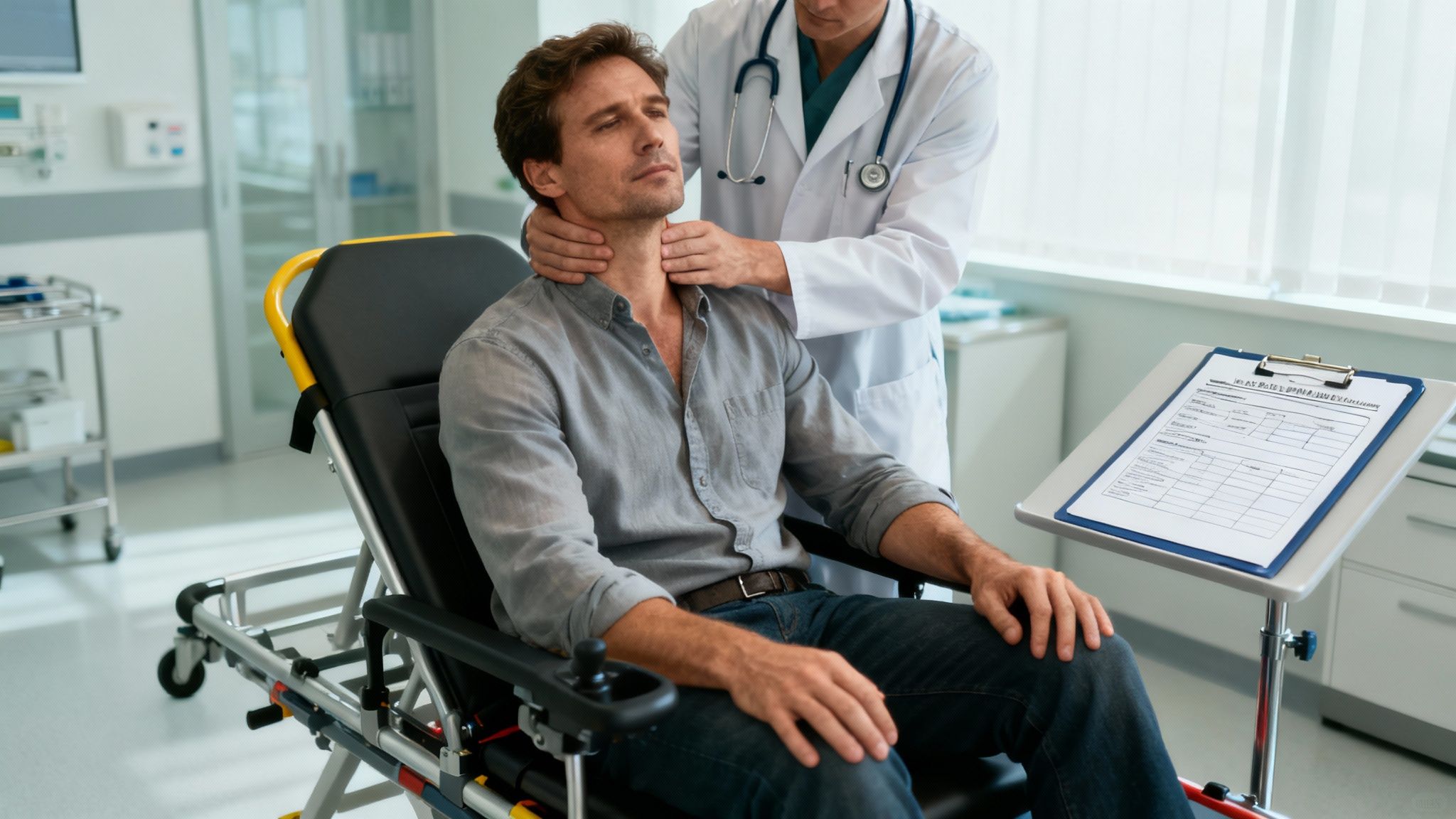 A doctor examining a patient's neck after a car accident.