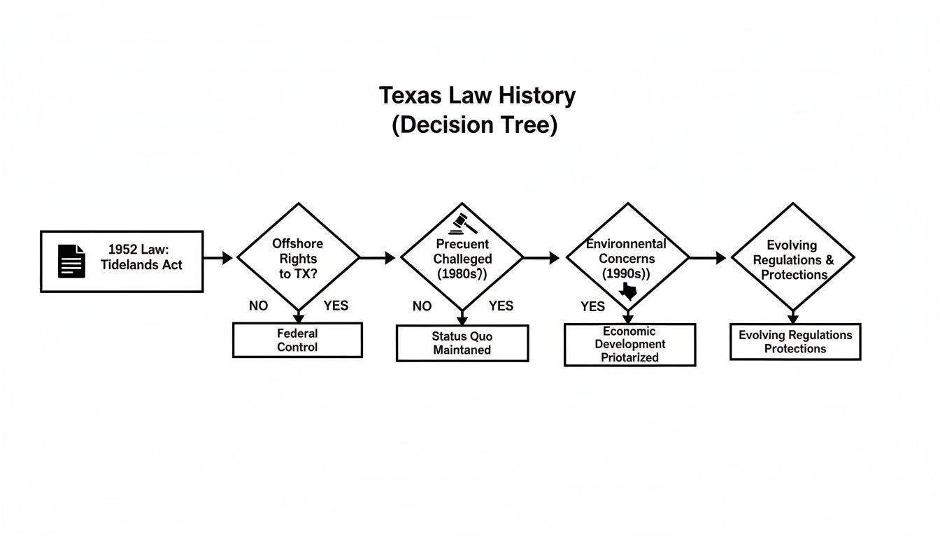 A decision tree diagram illustrating Texas law history, from the 1952 Tidelands Act to evolving environmental regulations.