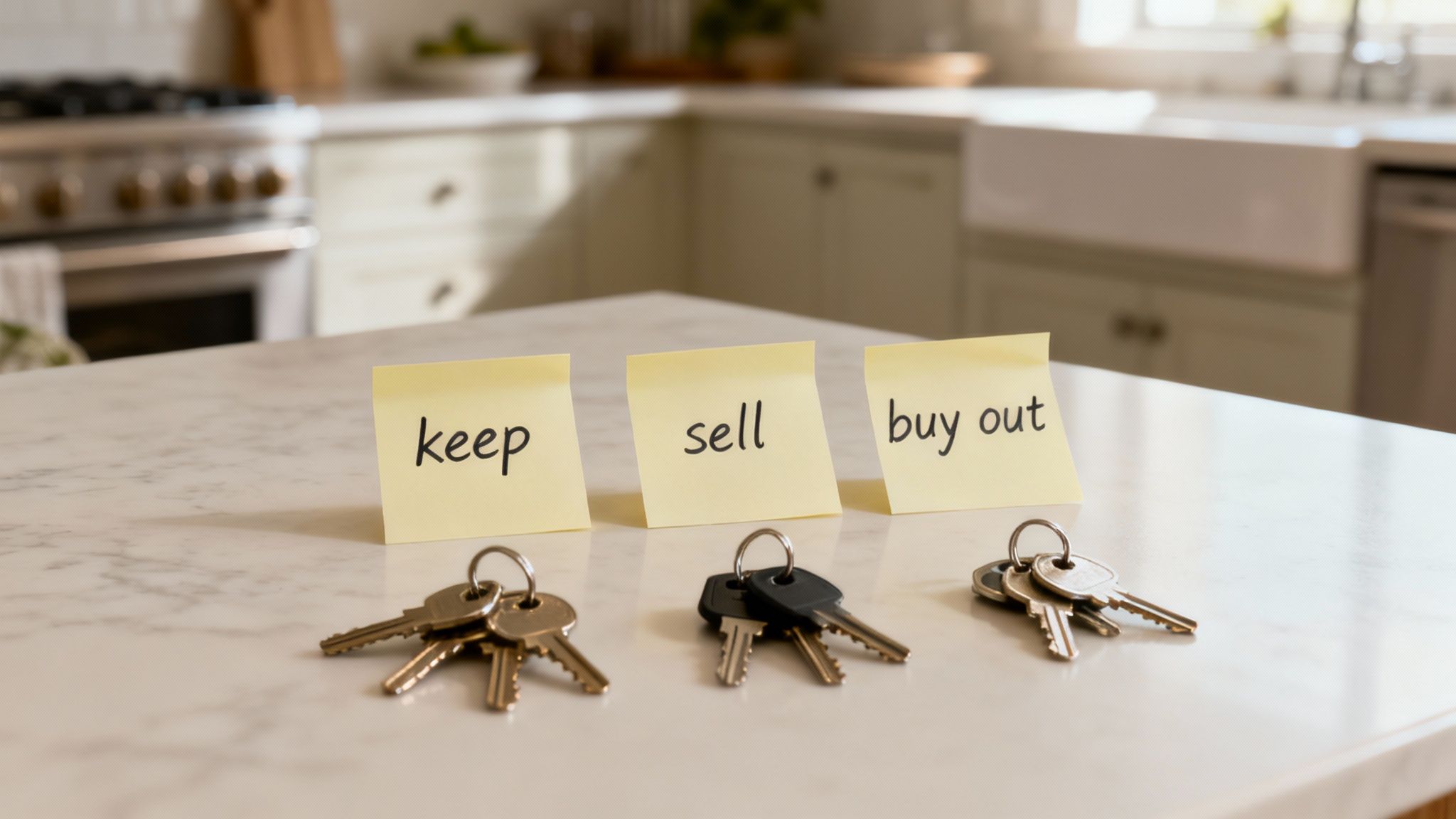 Keys on a marble countertop with sticky notes labeled "keep," "sell," and "buy out," representing options in partition actions for co-owned properties in Texas.