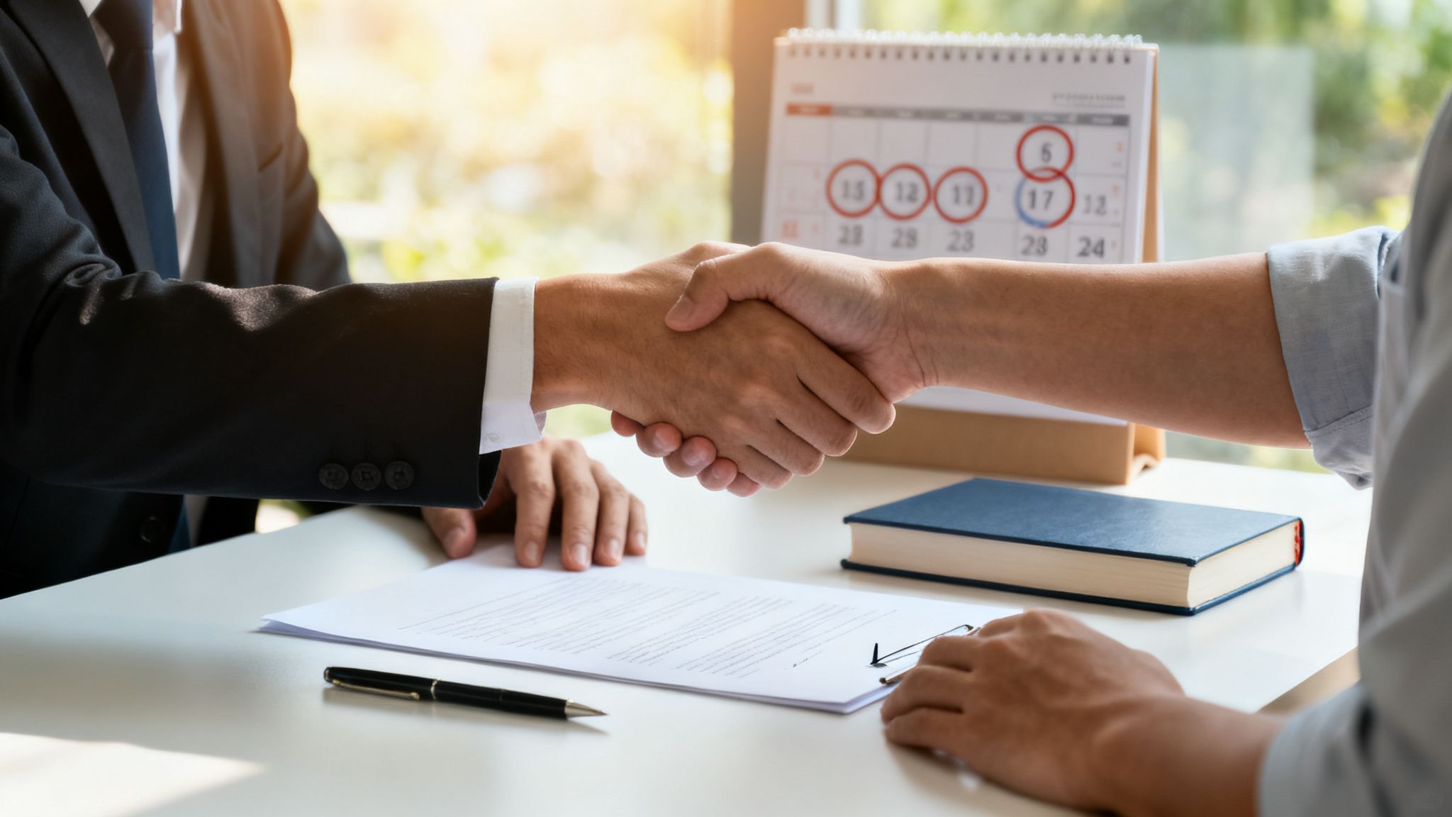 Two business professionals shaking hands over a desk with documents, signifying a completed agreement.