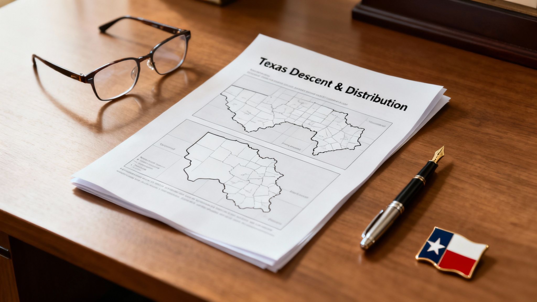 Texas descent and distribution document with state map outline on wooden desk with glasses and pen