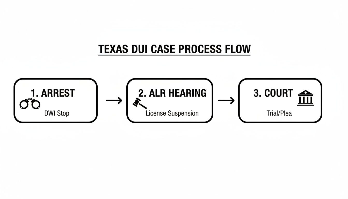 A flowchart illustrates the Texas DUI case process, outlining arrest, ALR hearing, and court proceedings.