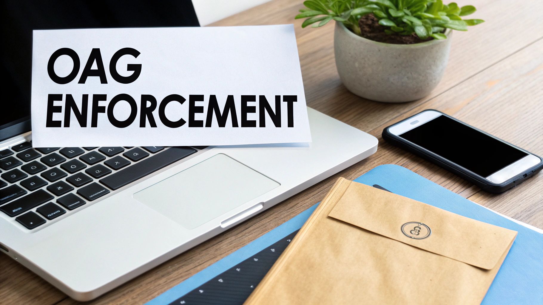 A white card with 'OAG ENFORCEMENT' rests on a laptop keyboard on a wooden desk with a phone and plant.