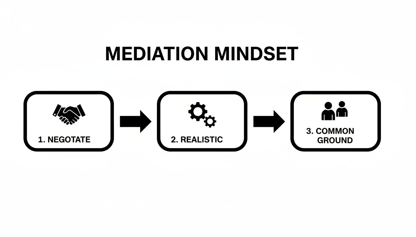 Diagram illustrating the mediation mindset with three sequential steps: negotiate, be realistic, and find common ground.