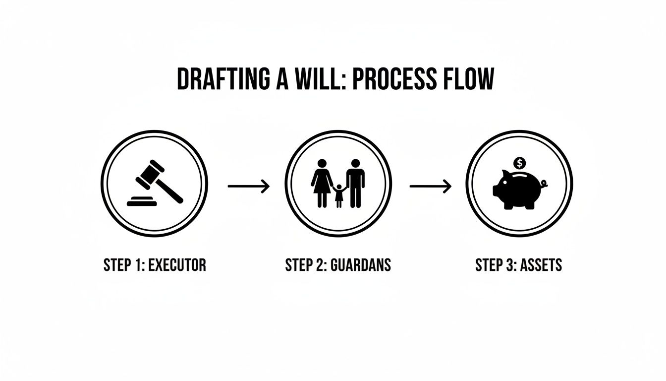 A flow chart illustrating the three steps for drafting a will: Executor, Guardians, and Assets.