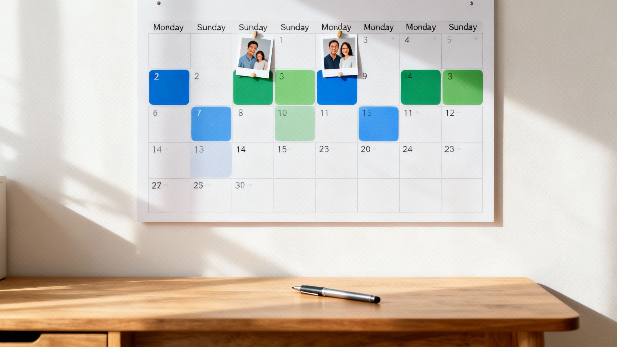 A wall calendar displaying scheduled dates with blue and green blocks, two photos, and a pen on a wooden desk.