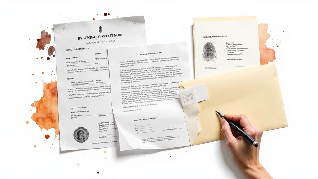 Documents and forms related to legal processes, including a fingerprint card, an envelope, and a hand holding a pen, symbolizing the preparation for an expunction petition in Texas.