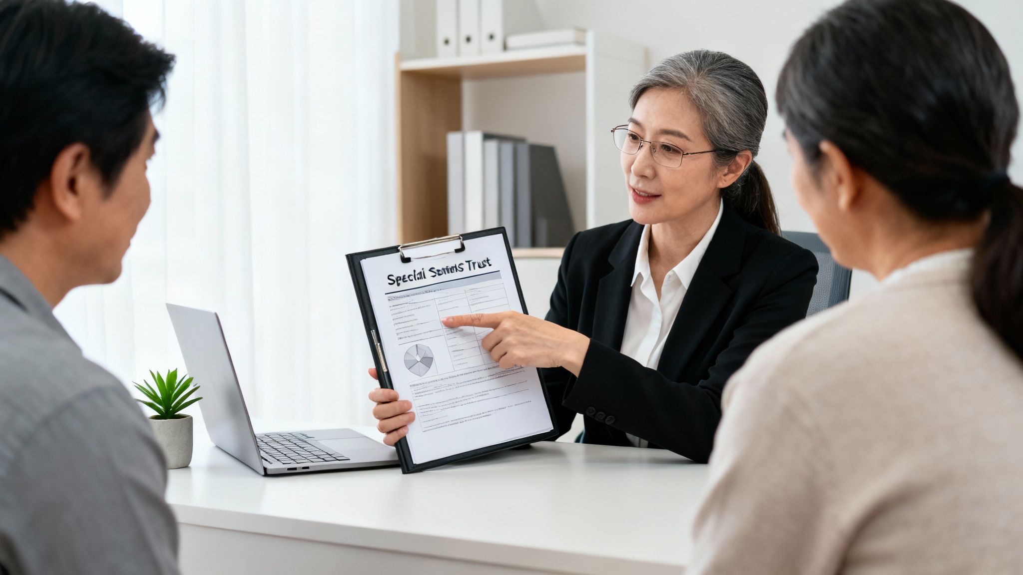 Financial advisor explains a Special Needs Trust document to an attentive couple in an office.