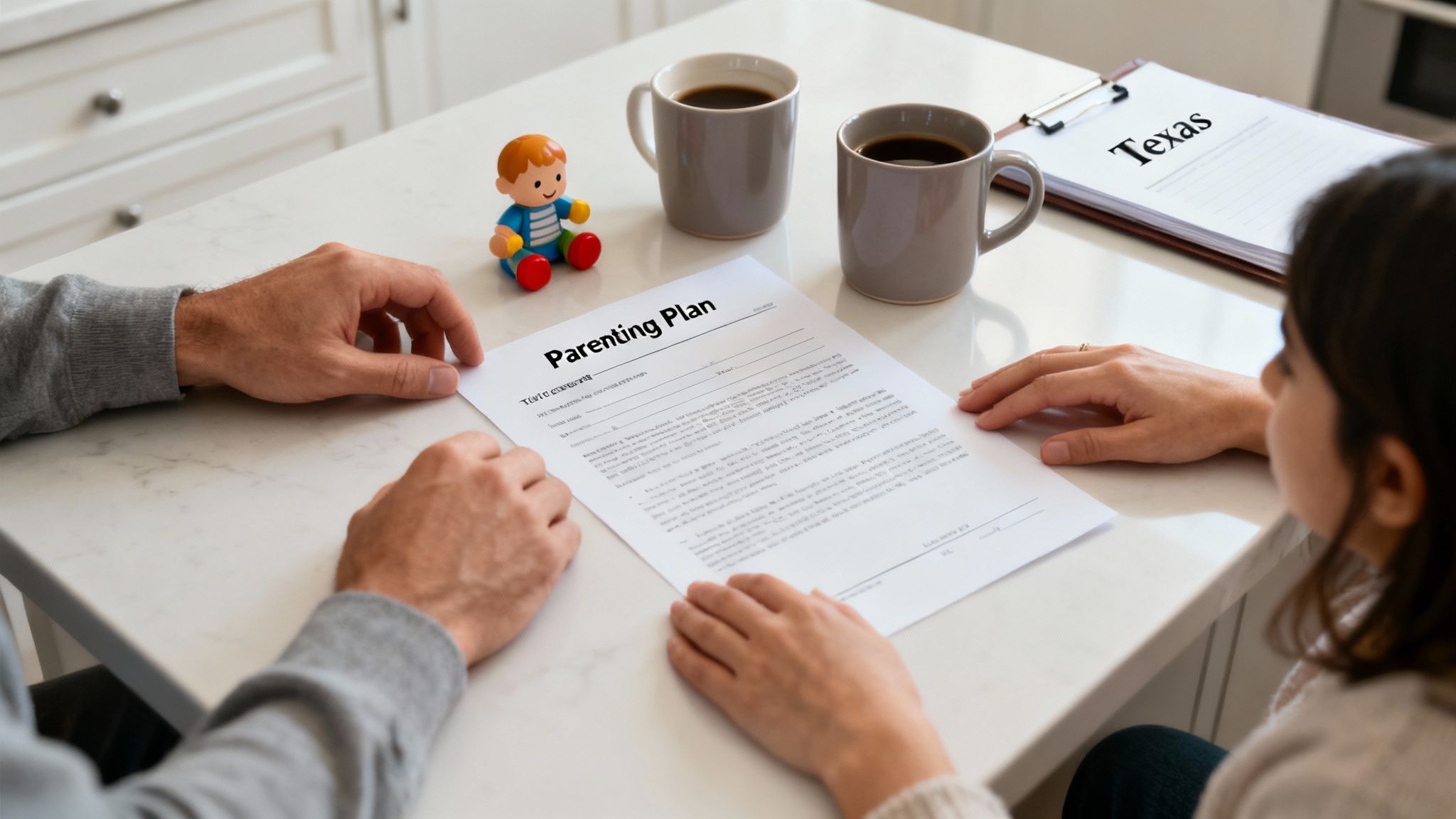 Hands of a parent and child on a parenting plan document, with coffee mugs and a toy figure, symbolizing collaborative co-parenting in Texas.