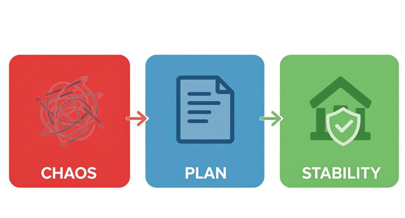 Infographic illustrating the transition from chaos to stability in family business succession planning, featuring three stages: chaos represented by a tangled design, planning depicted with a document icon, and stability symbolized by a secure house with a checkmark.